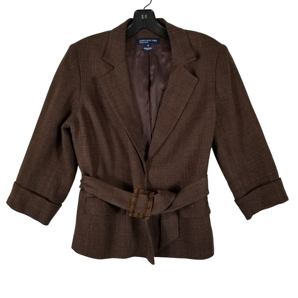 Jones New York Signature Brown Linen Blend Belted Blazer‎ Jacket Womens Size M